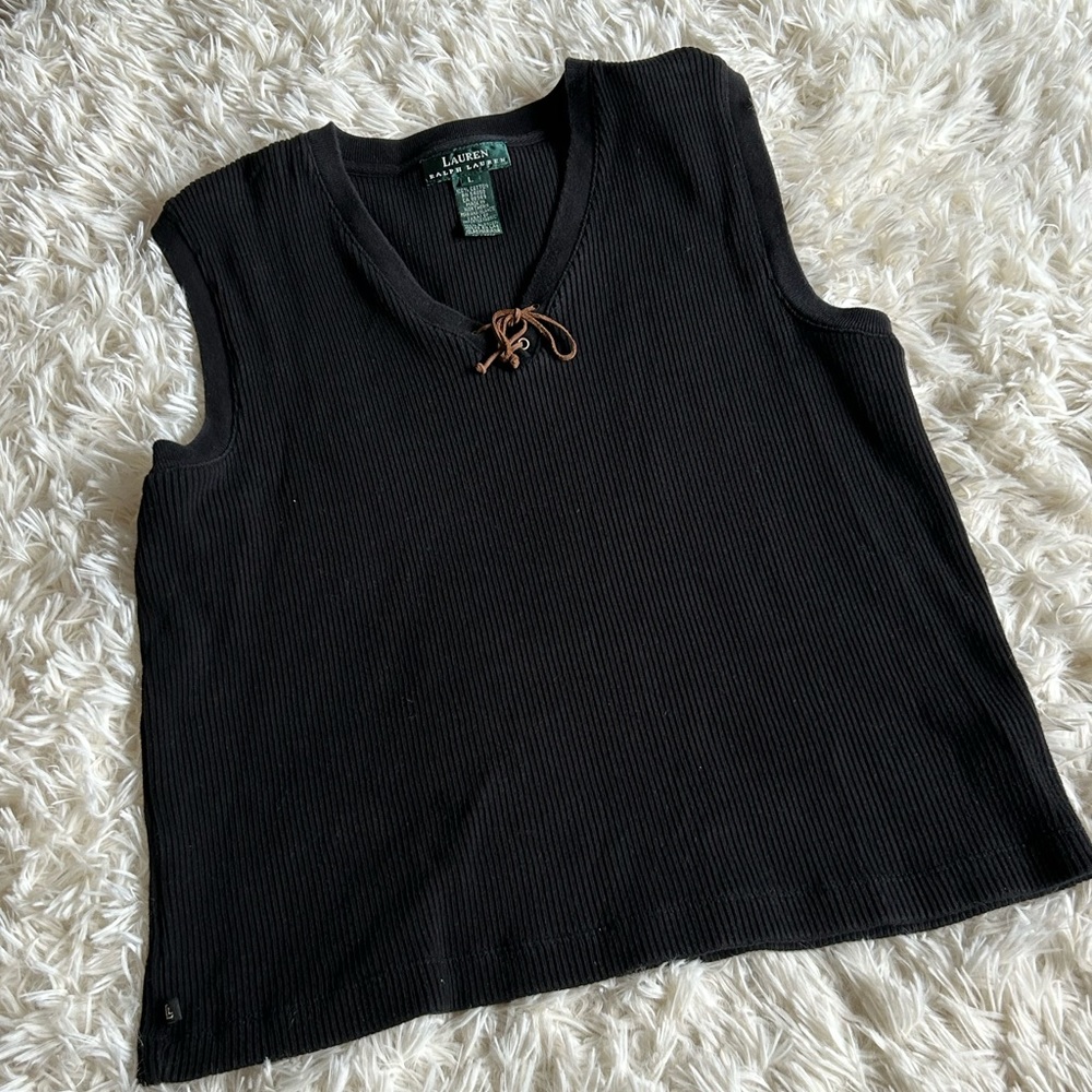 Lauren Ralph Lauren black ribbed knit V neck leather lace up sleeveless Large
